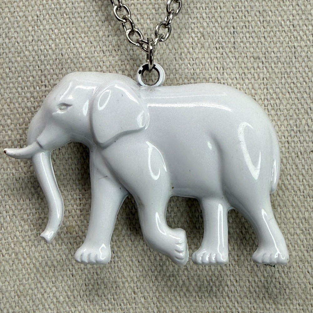 White Elephant Charm Necklace Silver Tone Chain Pendant Whimsical Fun